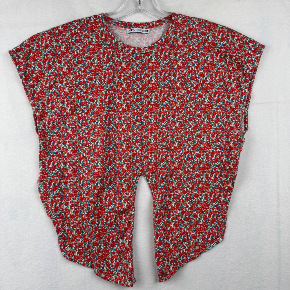 Zara‎ Floral Print Open Back T-Shirt Red Blue Women's Medium Top